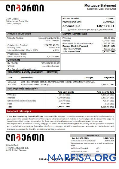 Printable Georgia Liberty Bank mortgage statement scr real example